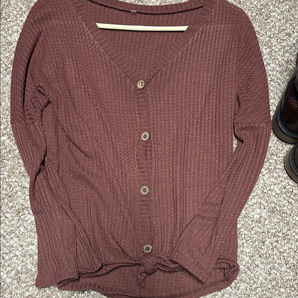 Waffle Knit Button Front Top in Dusty Rose